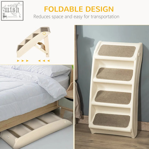 Cream-colored pawhut foldable four-step pet stairs with gray carpeted steps and non-slip mats for miniature dogs and cats