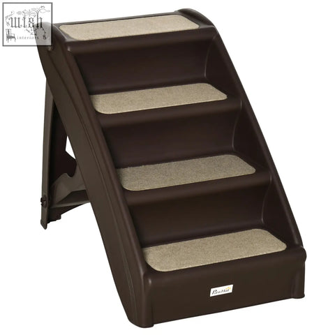 Brown pawhut foldable pet stairs with beige carpeted steps and non-slip feet for cats and small dogs
