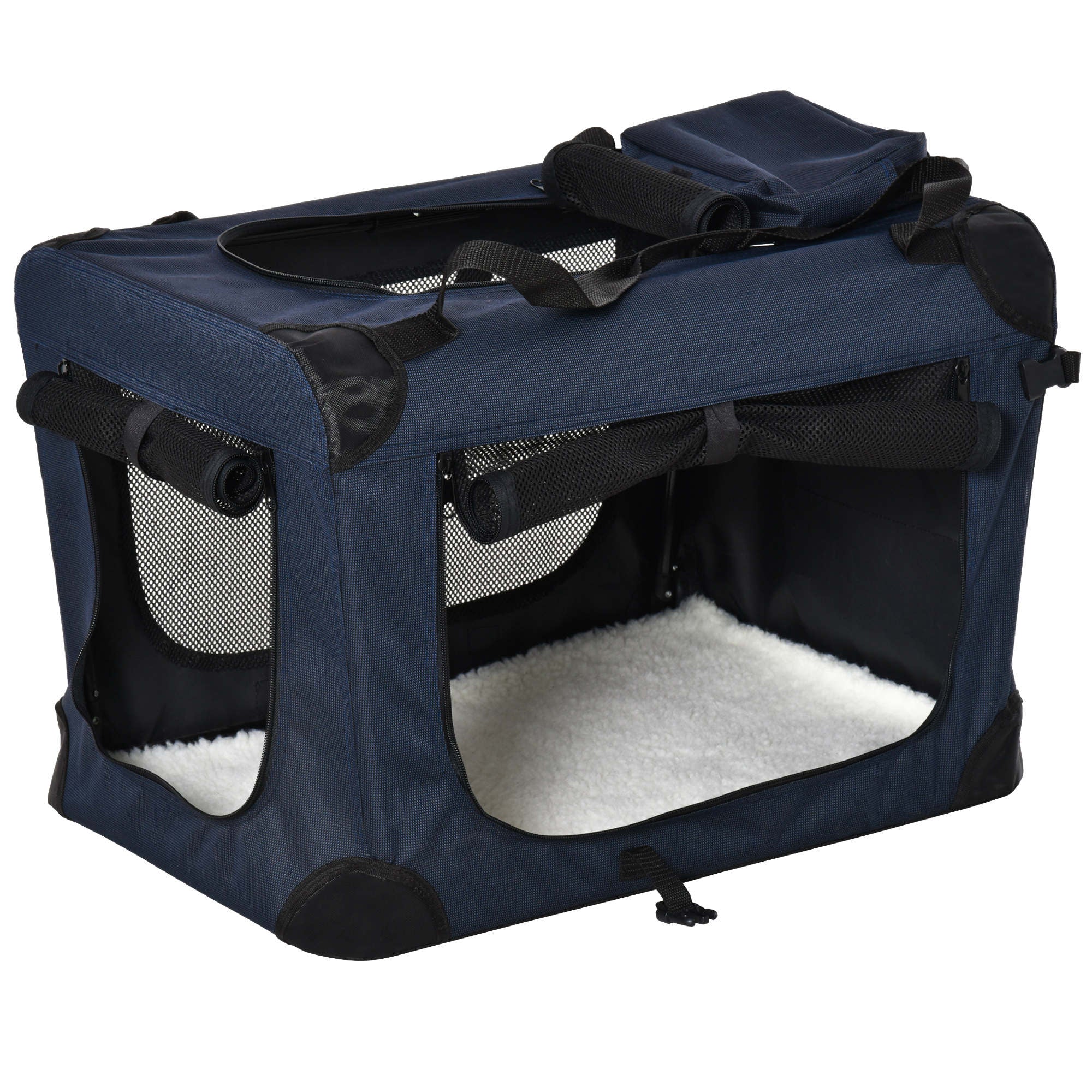 Navy blue pawhut foldable pet carrier with black mesh doors white fleece interior and storage bags for small pets