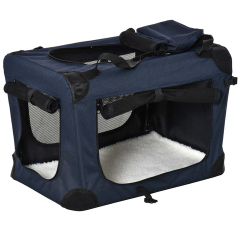 Navy blue pawhut foldable pet carrier with black mesh doors white fleece interior and storage bags for small pets