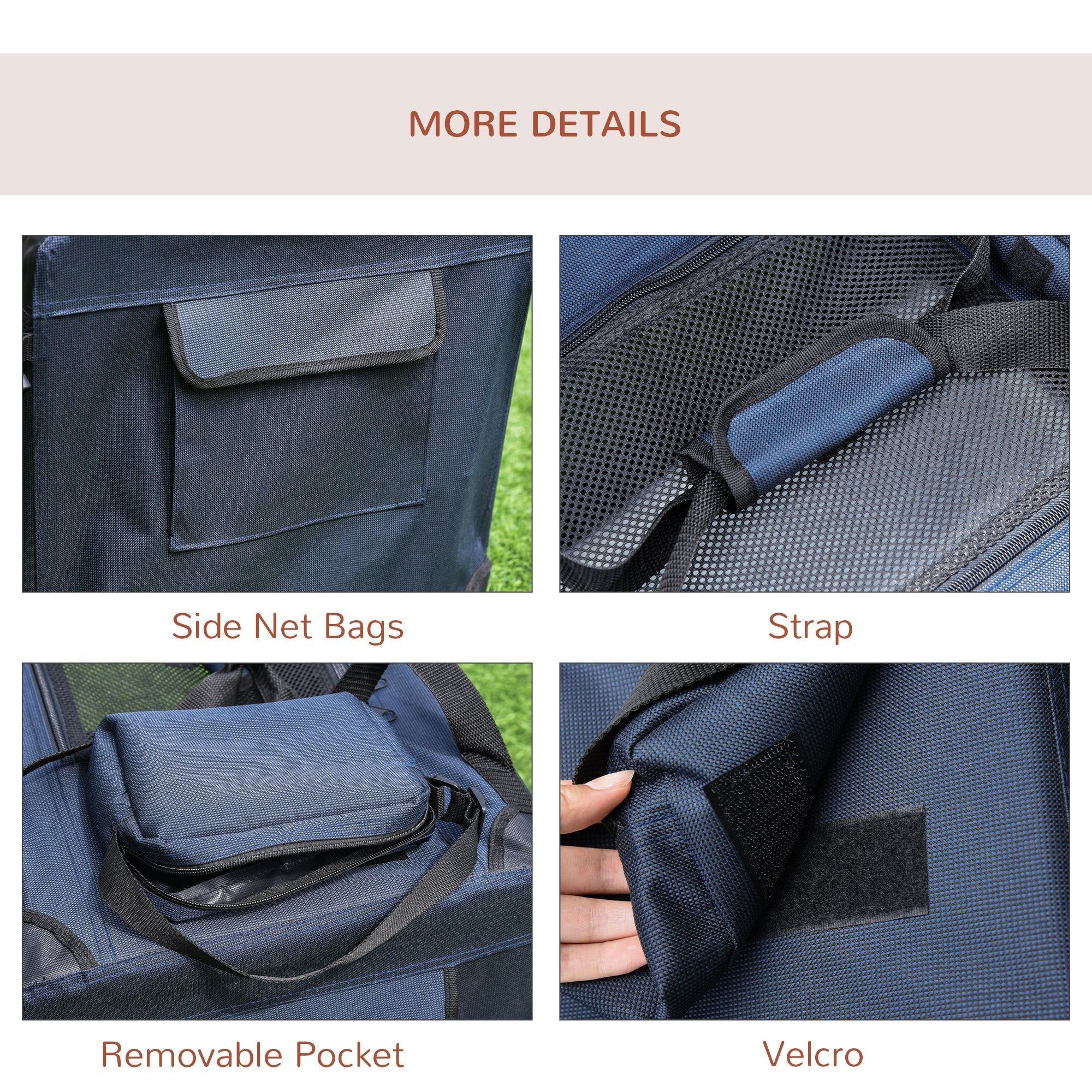 Dark blue pawhut foldable mesh pet carrier with mesh doors, storage bags, and adjustable strap for miniature dogs