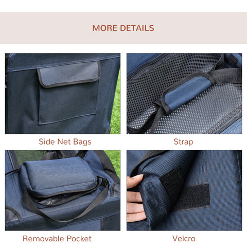 Dark blue pawhut foldable mesh pet carrier with mesh doors, storage bags, and adjustable strap for miniature dogs