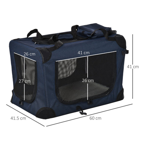 Navy blue pawhut foldable pet carrier with mesh doors and storage bags for miniature dogs and cats on the go