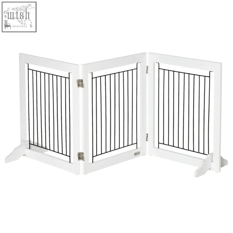 White pawhut foldable pet gate with three panels black bars silver hinges and two support feet for stability