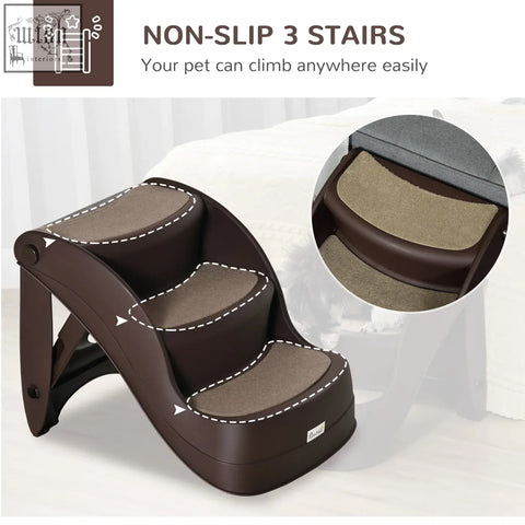 Brown pawhut foldable pet stairs with carpeted steps and non-slip feet for dogs reaching high beds and sofas