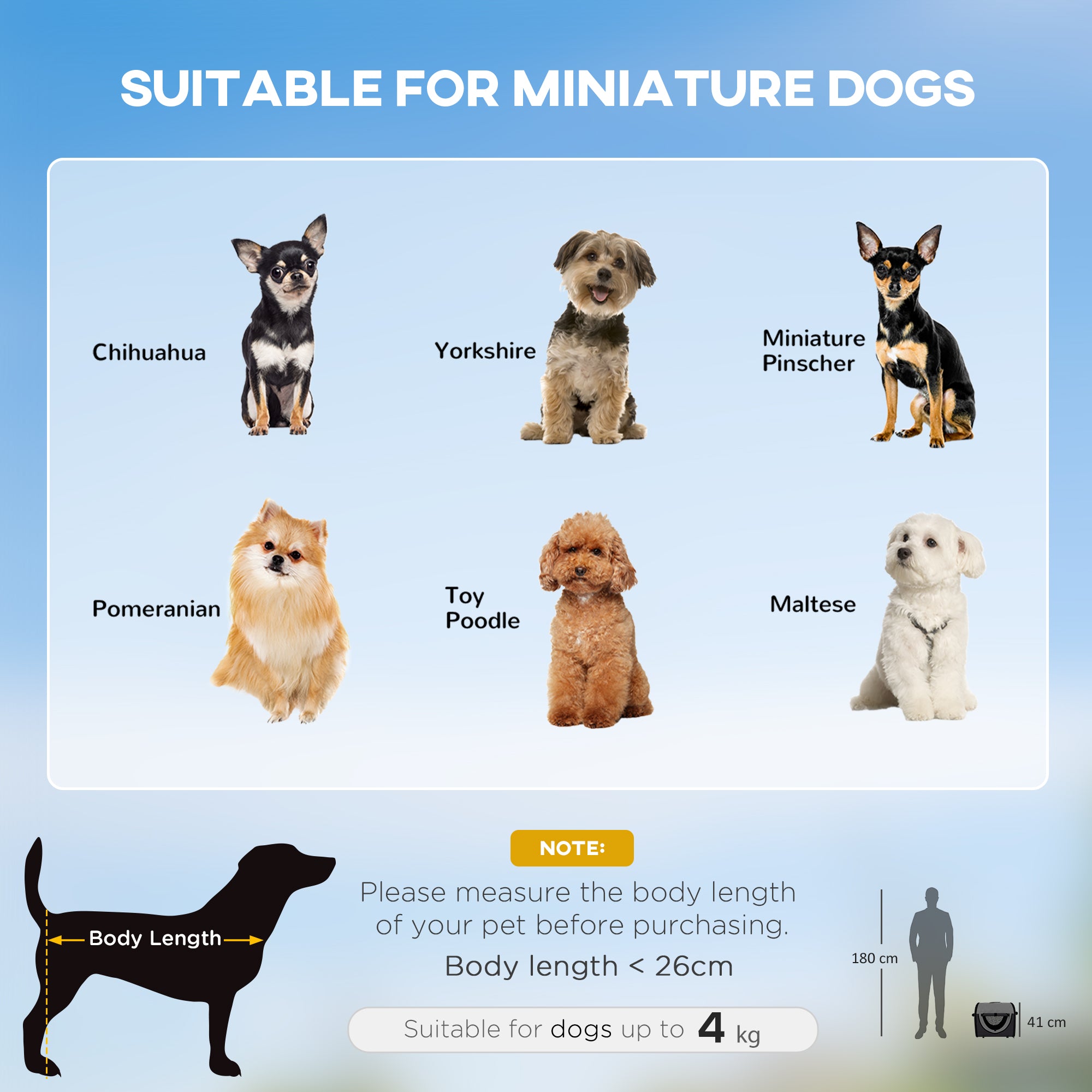 Pawhut folding fabric soft pet crate in black designed for miniature dogs with clear size guide including chihuahua and pomeranian