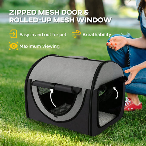 Gray and black pawhut folding fabric soft pet crate with zipped mesh door and rolled up mesh window in black