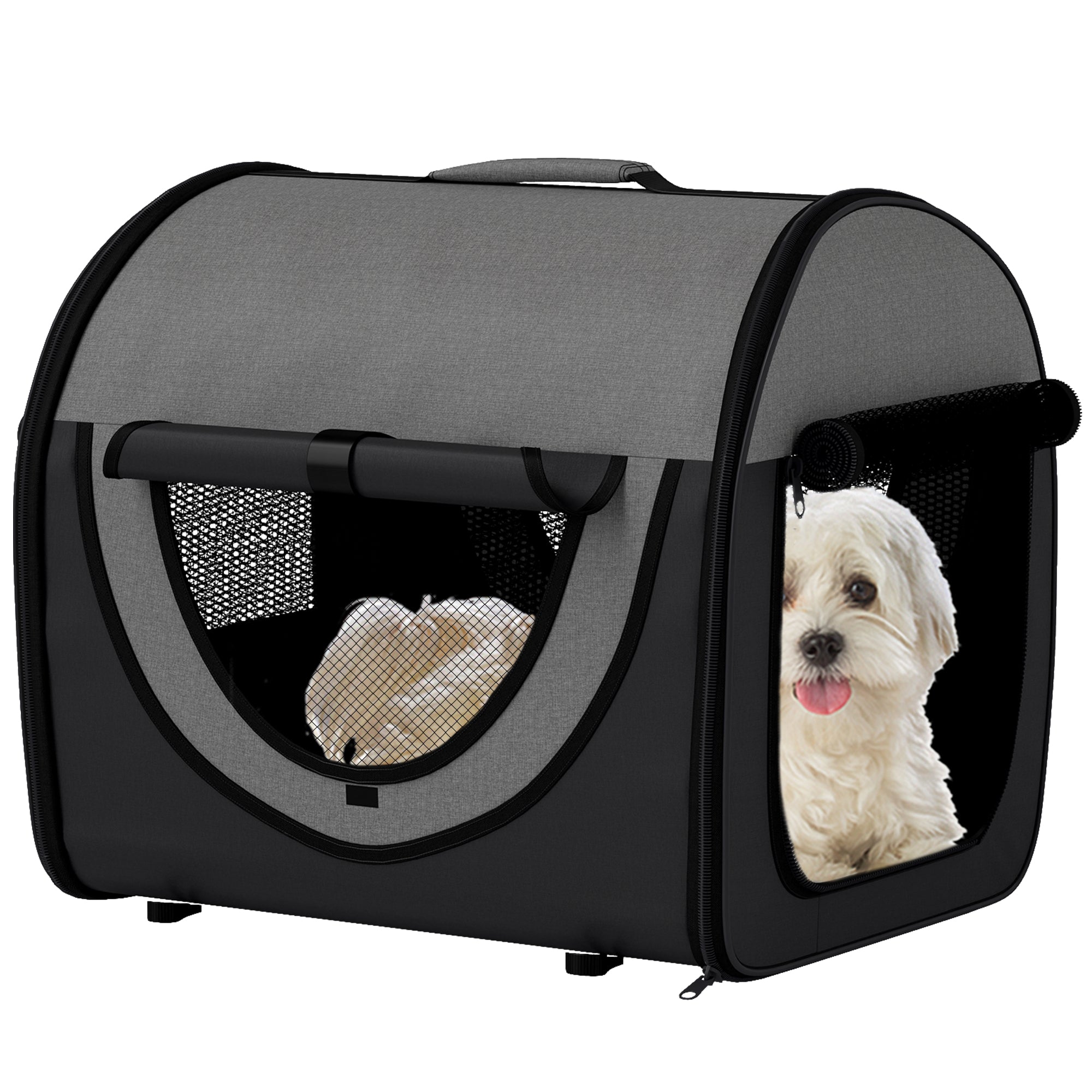 Pawhut folding fabric soft pet crate in black with gray and black foldable design mesh sides and comfy interior