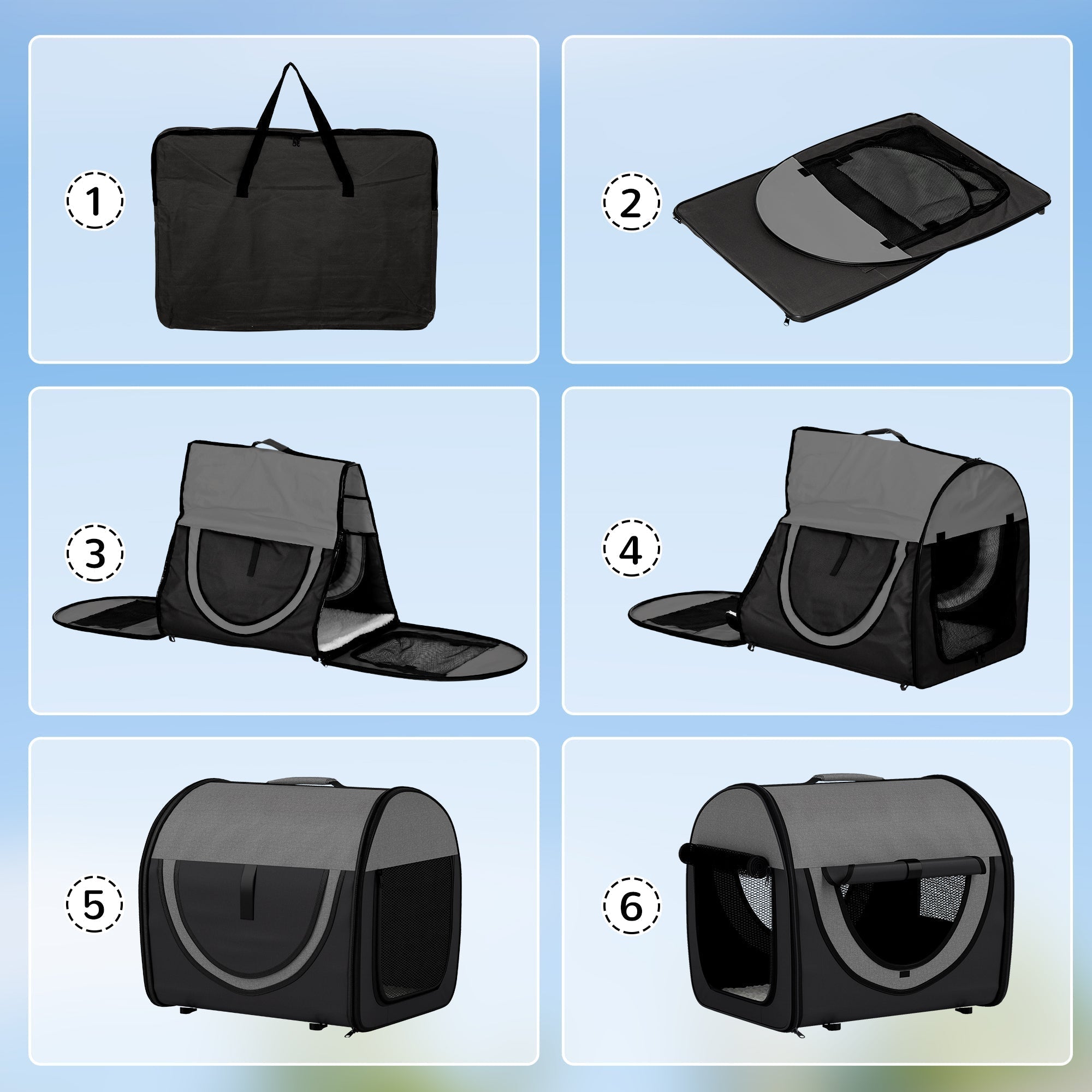 Black and gray pawhut folding fabric soft pet crate with mesh sides and handle for easy carrying
