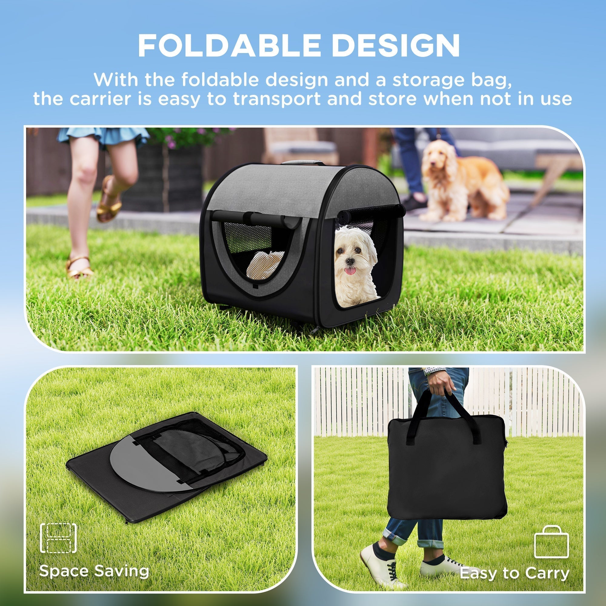 Black and gray pawhut folding fabric soft pet crate with mesh windows for easy ventilation and portability