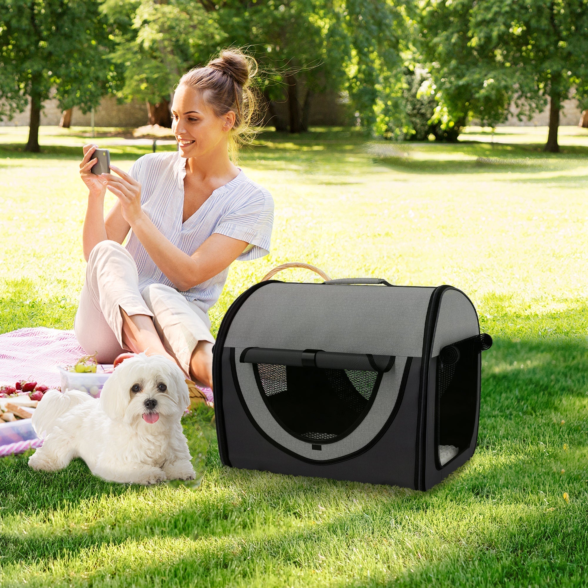 Gray and black pawhut foldable fabric soft pet crate with mesh sides and handle for easy carrying
