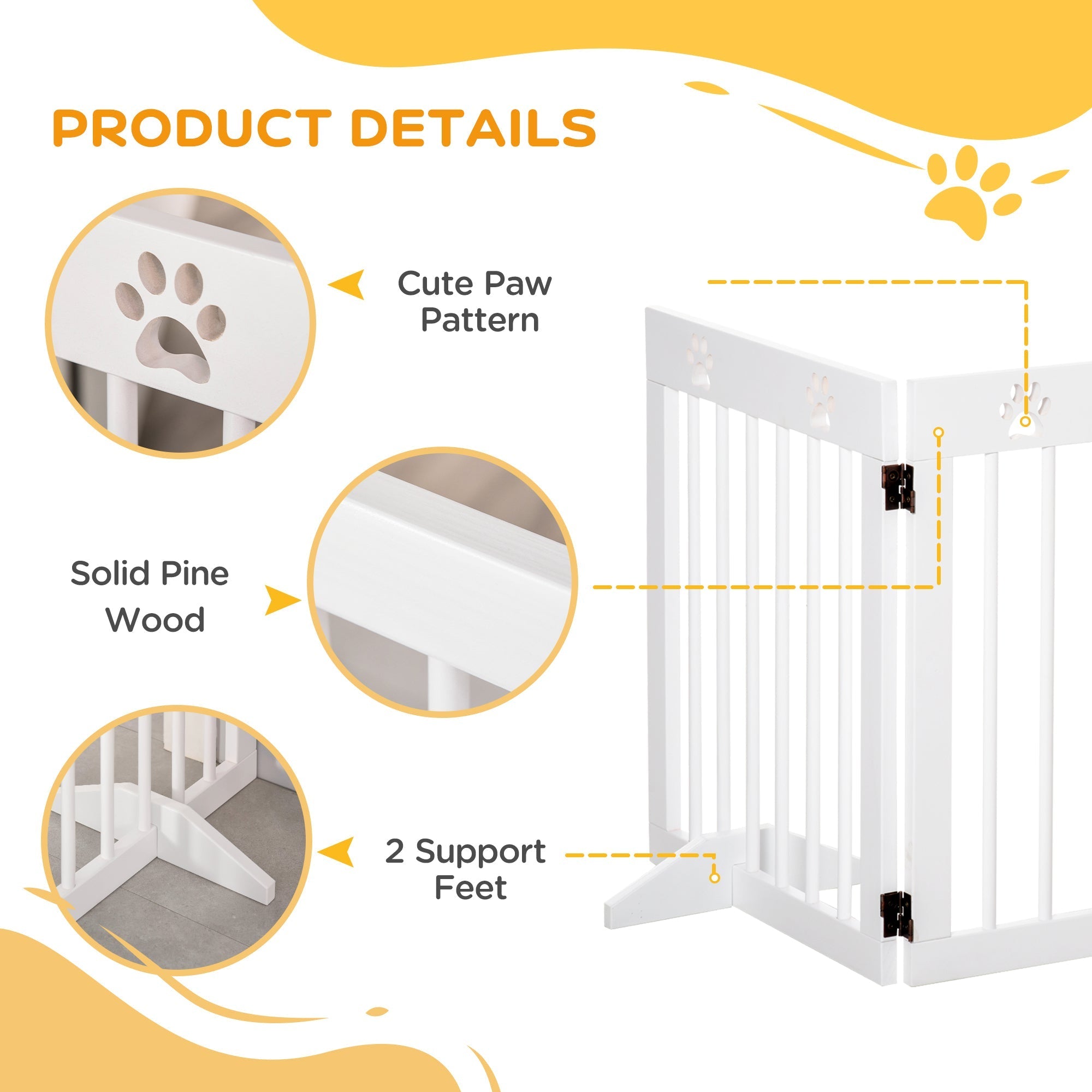 White solid pine wood pet gate with cute paw pattern and two support feet for doorways and stairs safety fence