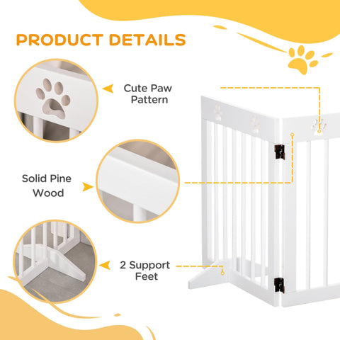 White solid pine wood pet gate with cute paw pattern and two support feet for doorways and stairs safety fence