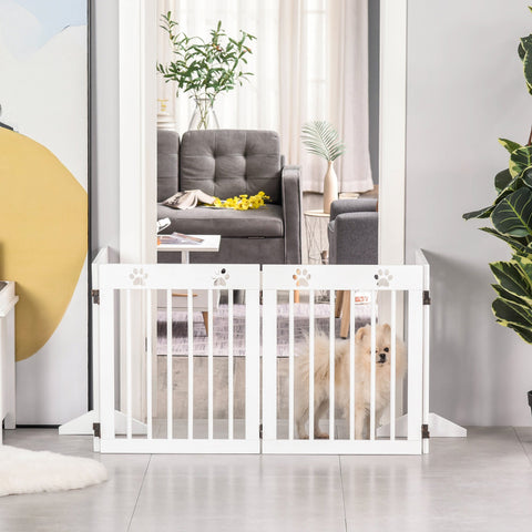 White pine wood pet gate with paw print cutouts freestanding 4 panel folding dog barrier for stairs and doorways