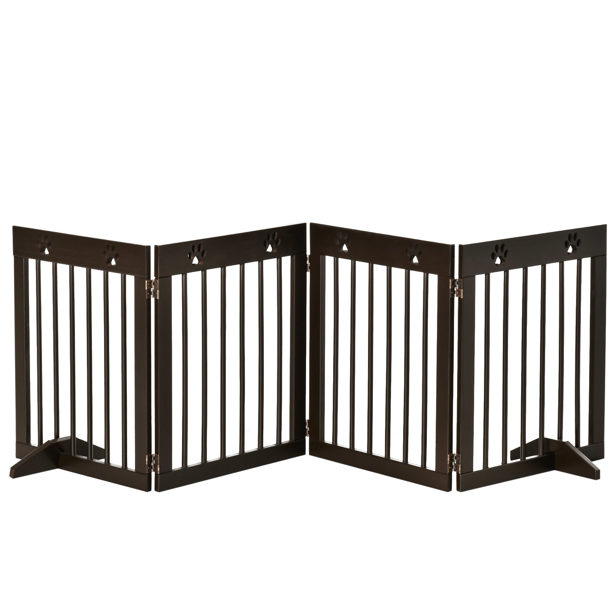 Dark brown pine wood pet gate with vertical slats and paw print cutouts for doorways and stairs safety fence