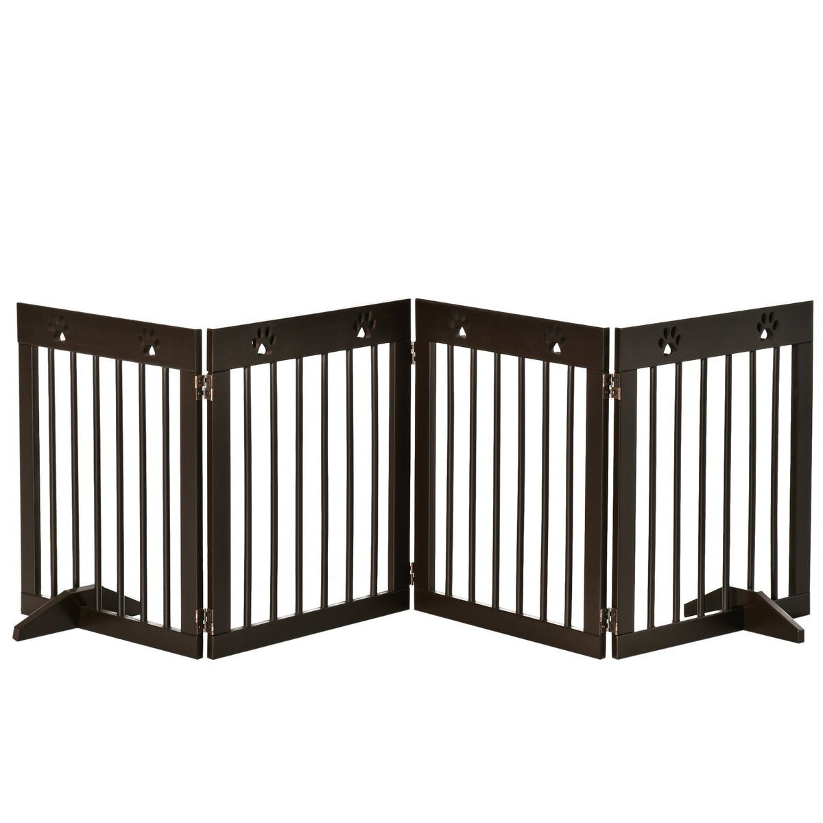 Dark brown pine wood pet gate with vertical slats and paw print cutouts for doorways and stairs safety fence
