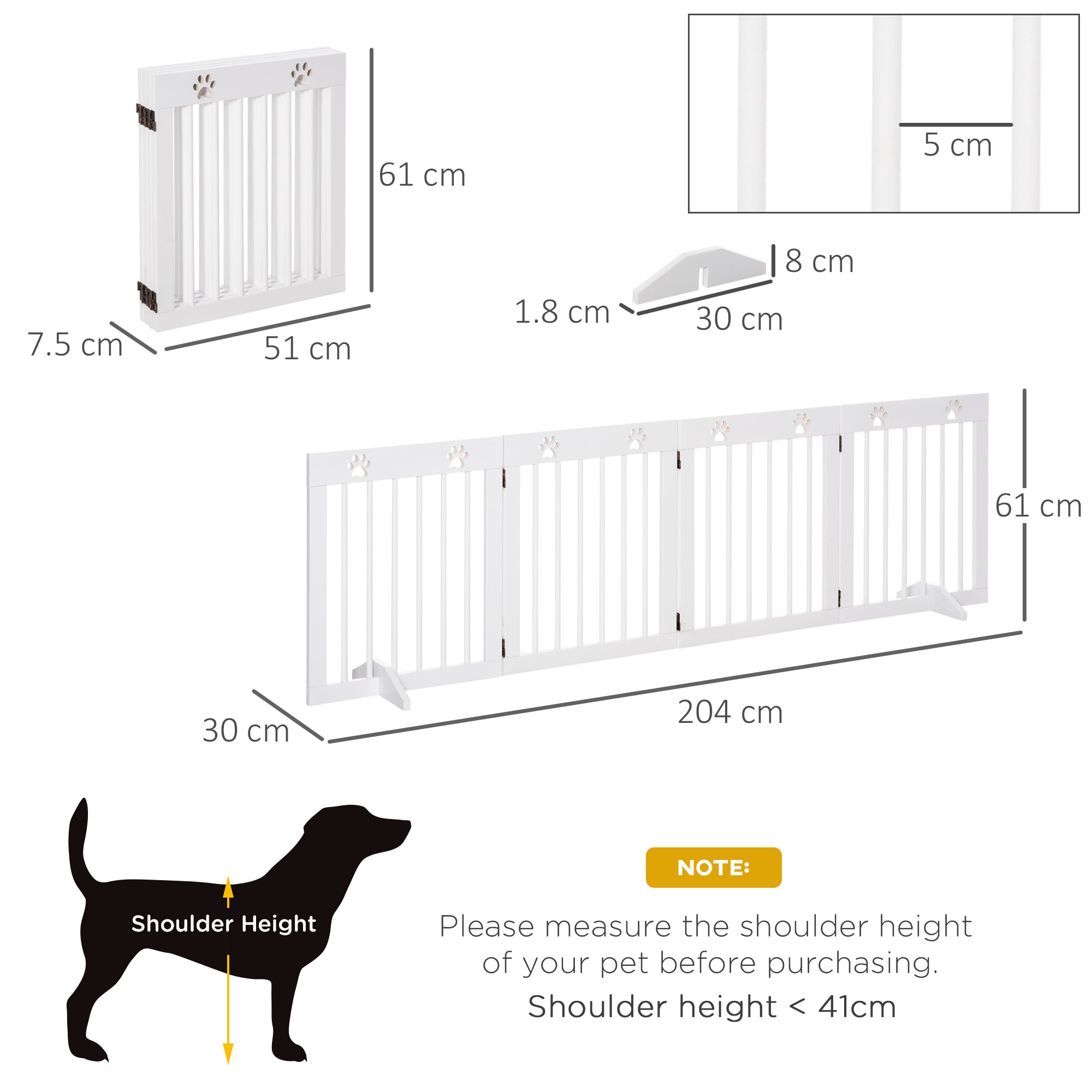 White foldable pet gate with vertical slats paw print accents made of pine wood for doorway and stairs safety