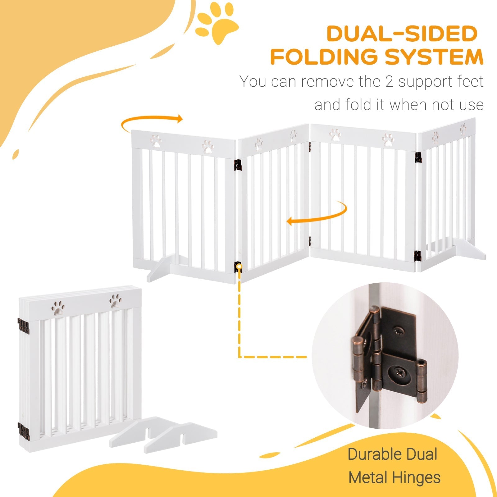 White pine wood pet gate with dual-sided folding panels and durable metal hinges for doorways and stairs safety