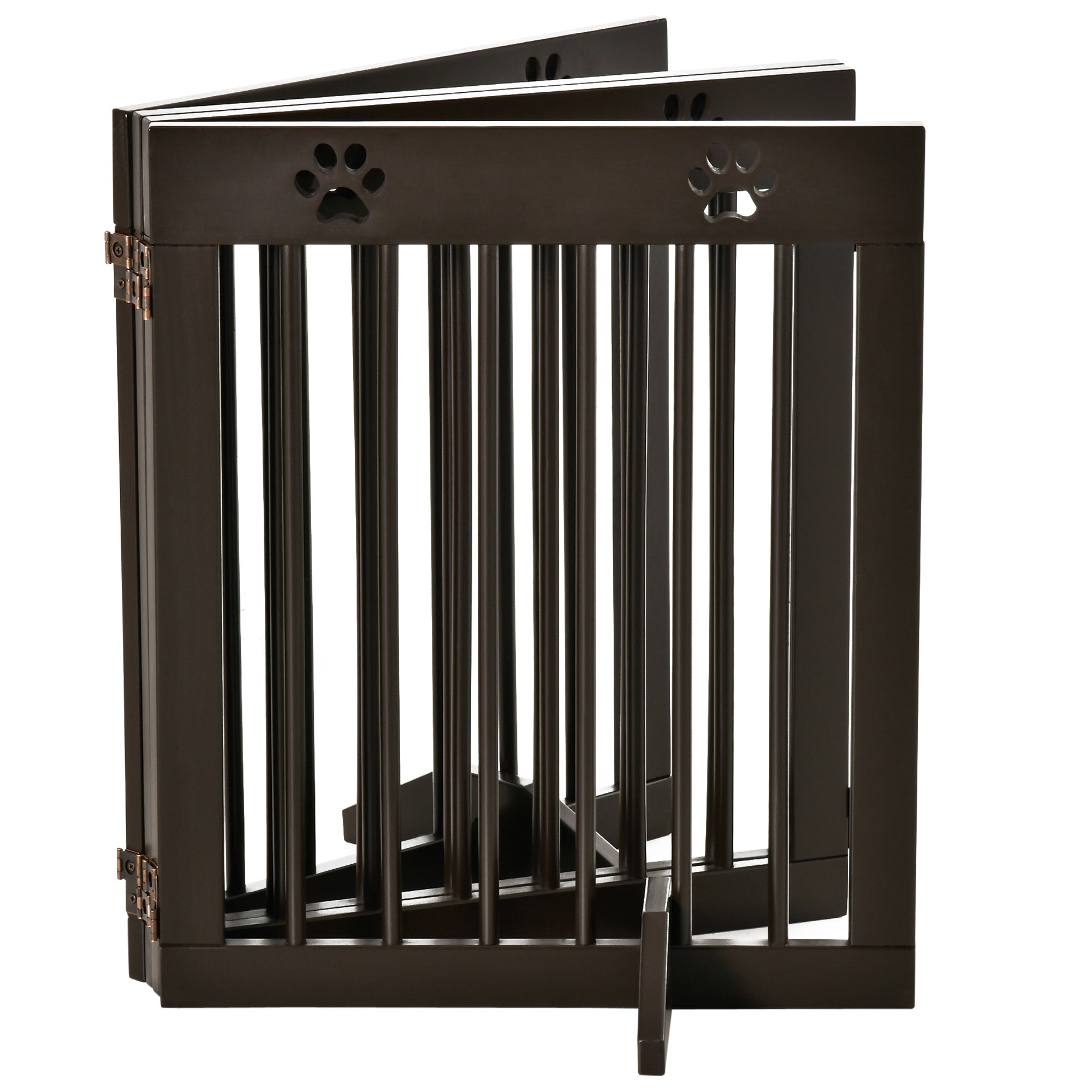 Dark brown pine wood pet gate with paw print cutouts and vertical slats for doorway and stairs safety fence