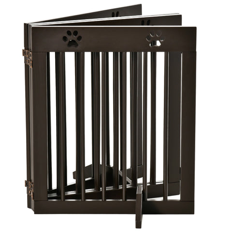 Dark brown pine wood pet gate with paw print cutouts and vertical slats for doorway and stairs safety fence