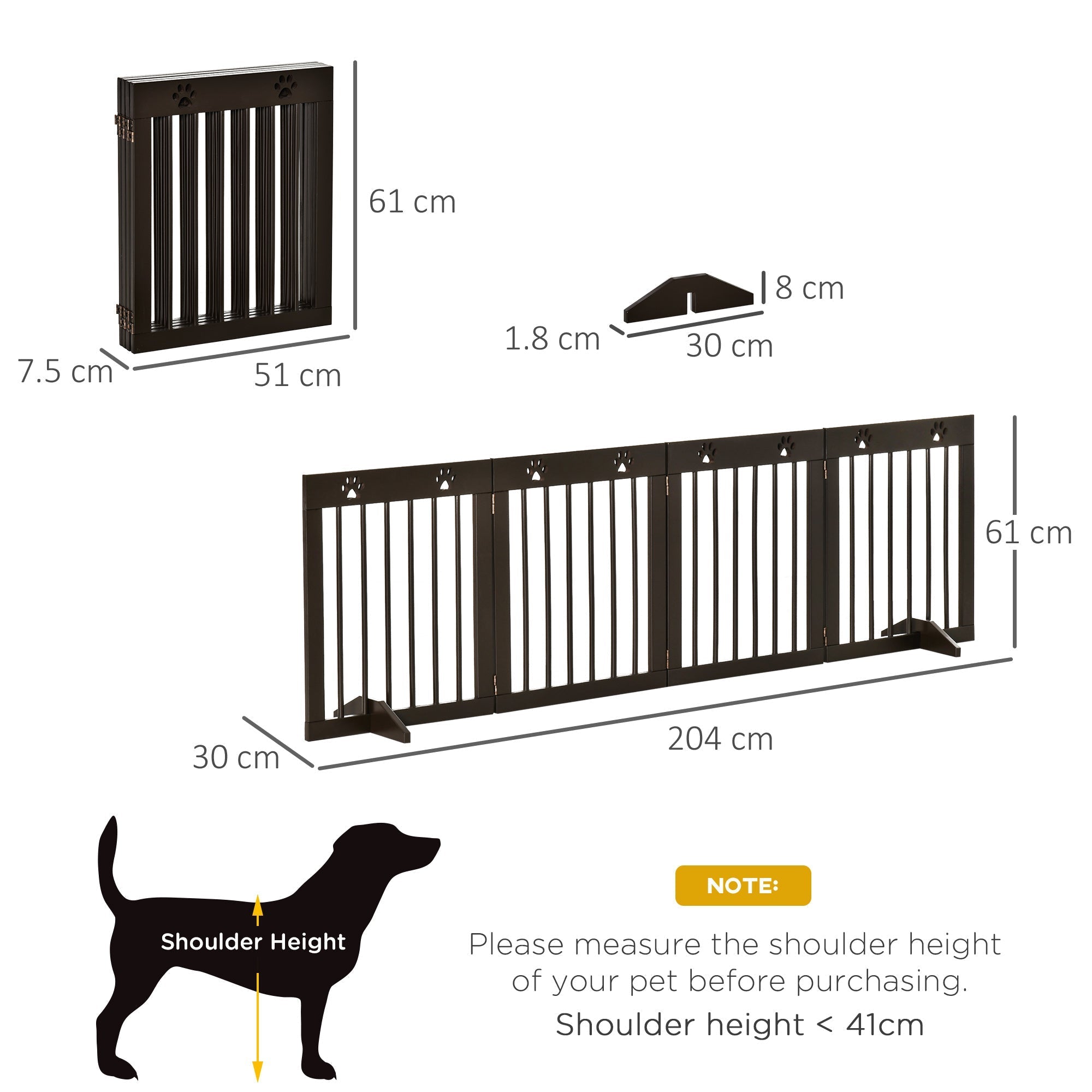Pawhut black foldable pet gate with vertical slats and paw print accents made of pine wood for doorway or stairs safety