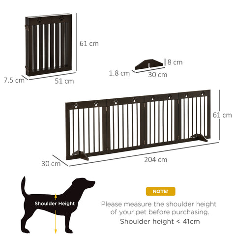 Pawhut black foldable pet gate with vertical slats and paw print accents made of pine wood for doorway or stairs safety