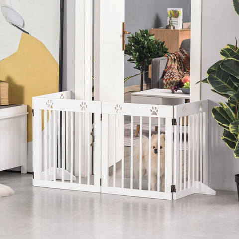 White foldable pawhut pet gate with pine wood panels and paw print cutouts for doorways and stairs safety fence