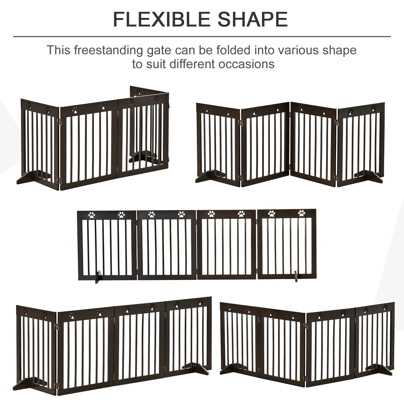 Black wooden pet gate with vertical slats and paw print cutouts made of pine wood for doorways and stairs safety fence
