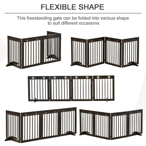 Black wooden pet gate with vertical slats and paw print cutouts made of pine wood for doorways and stairs safety fence