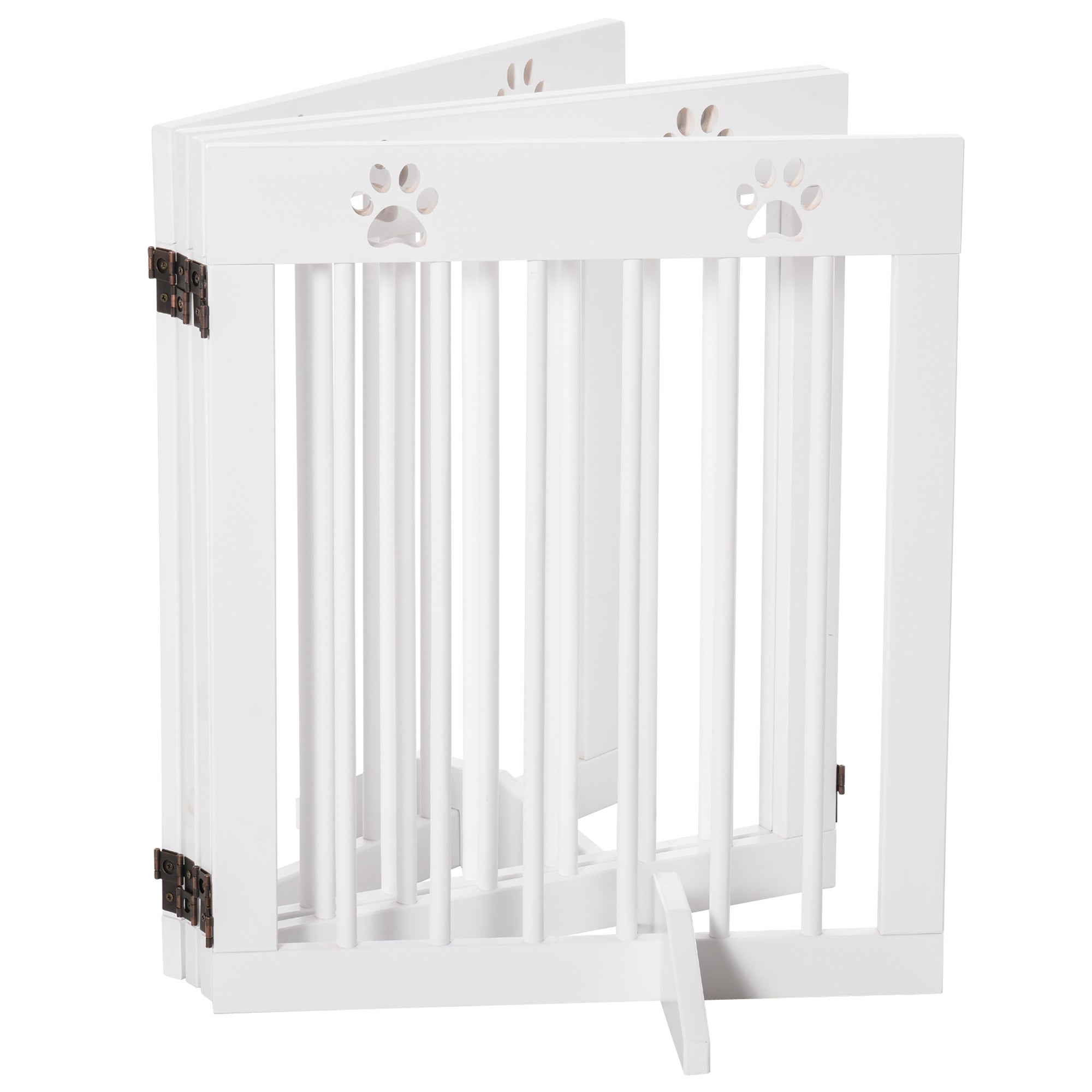 White pine wood pet gate with paw print cutouts and dark metal hinges for doorway stairs safety barrier