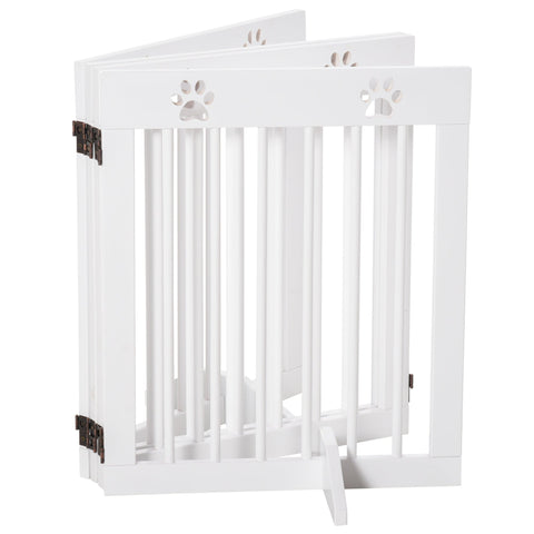 White pine wood pet gate with paw print cutouts and dark metal hinges for doorway stairs safety barrier