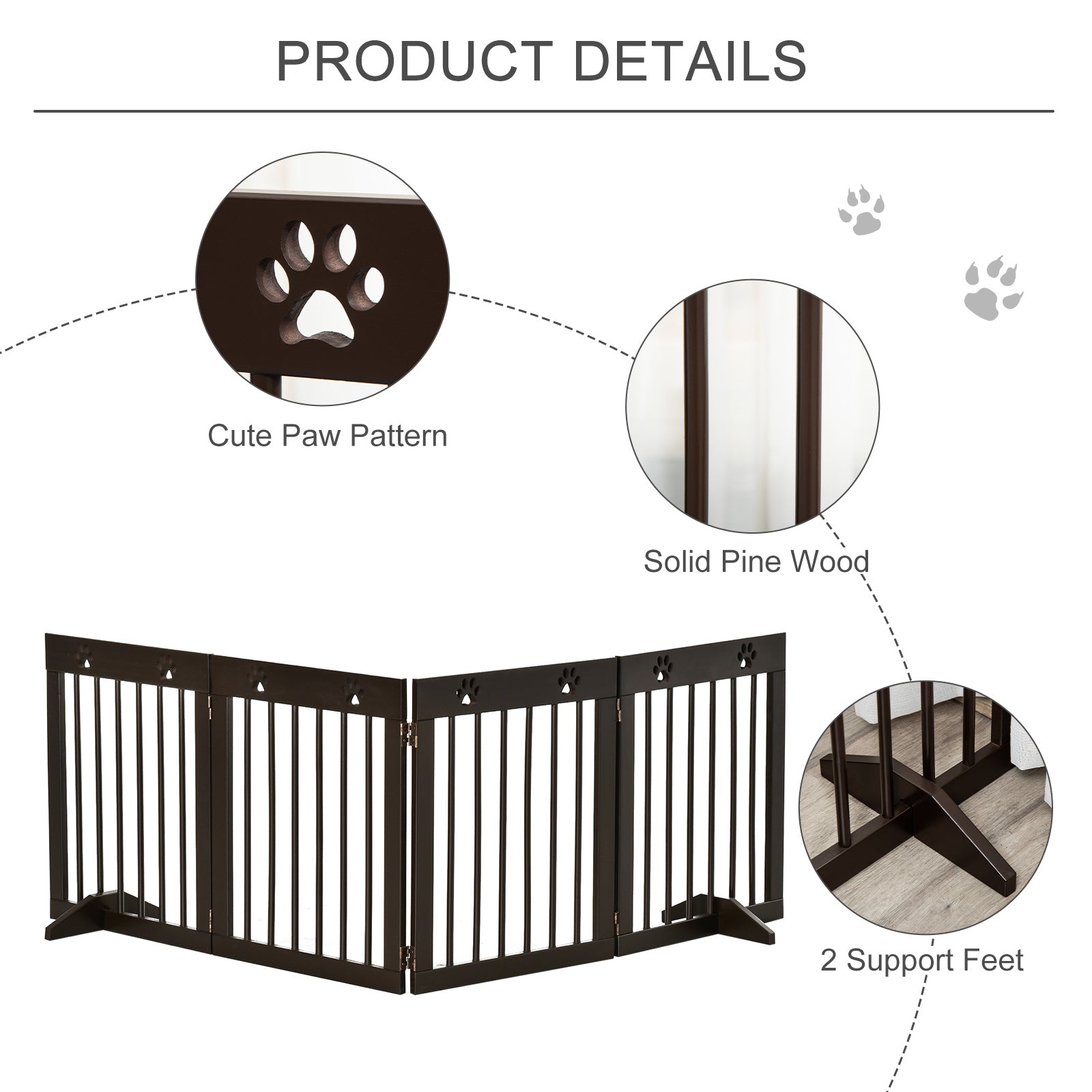 Dark brown pine wood pet gate with paw pattern cutout and triangular accents for doorway or stairs safety barrier