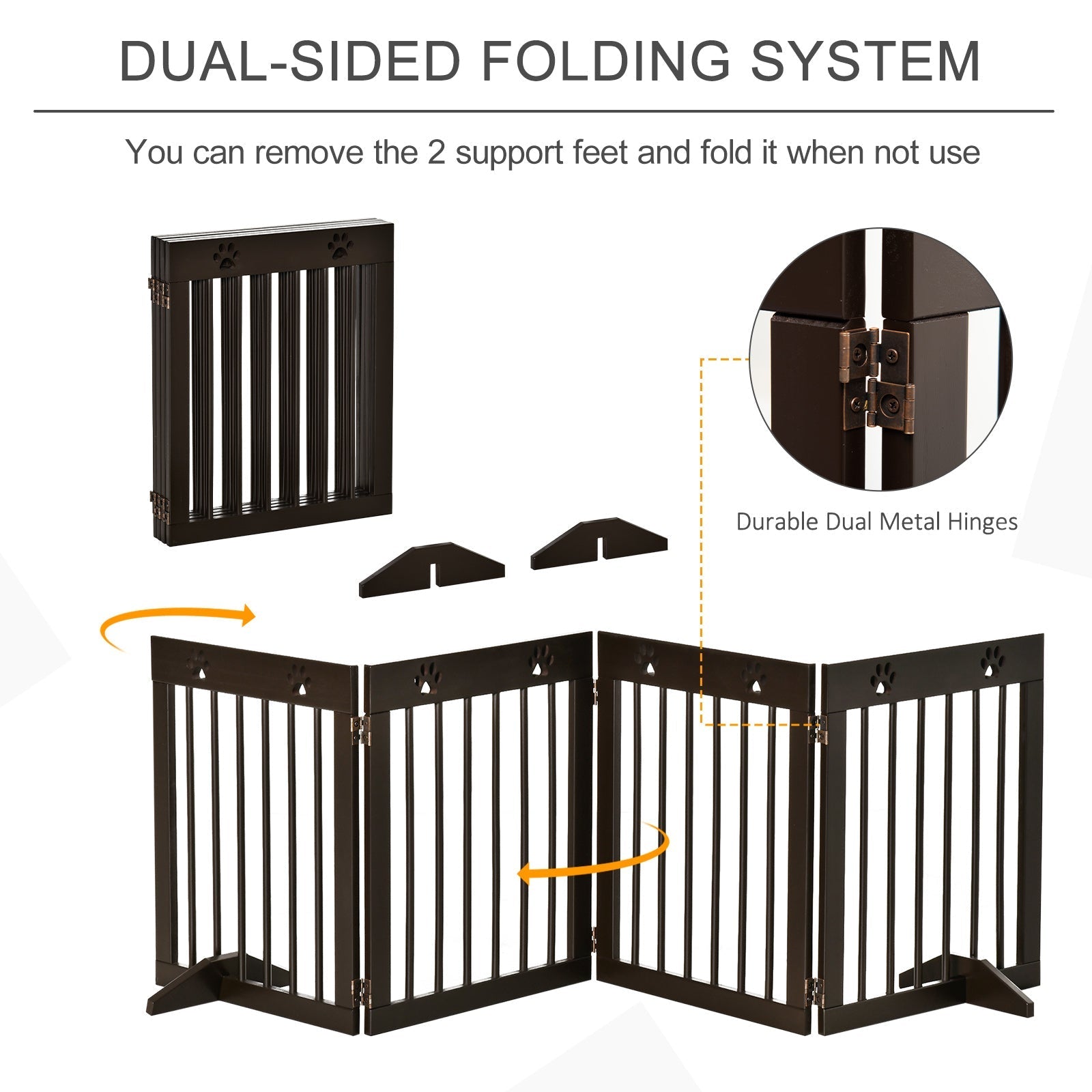 Black dual-sided folding pet gate with durable metal hinges and paw print accents, pine wood pet gate for safety fence