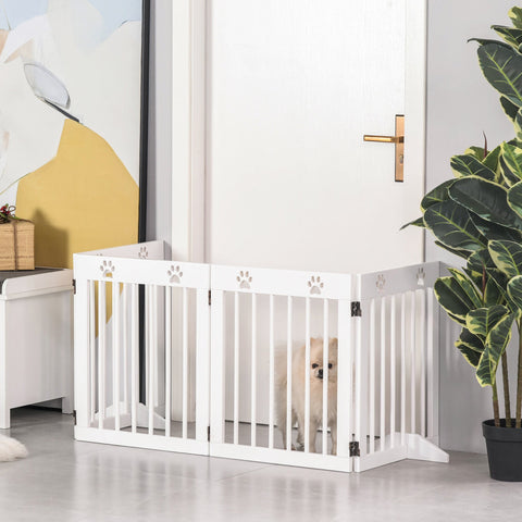 White plastic pet gate with paw print cutouts pawhut freestanding pet gate pine wood folding barrier