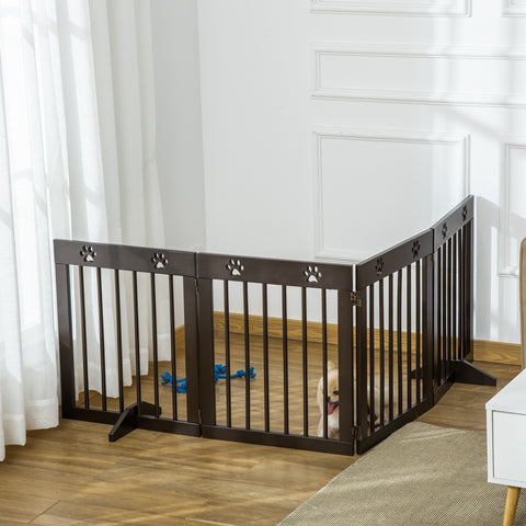 Brown pawhut freestanding pet gate made of pine wood with paw print cutouts for doorways and stairs safety