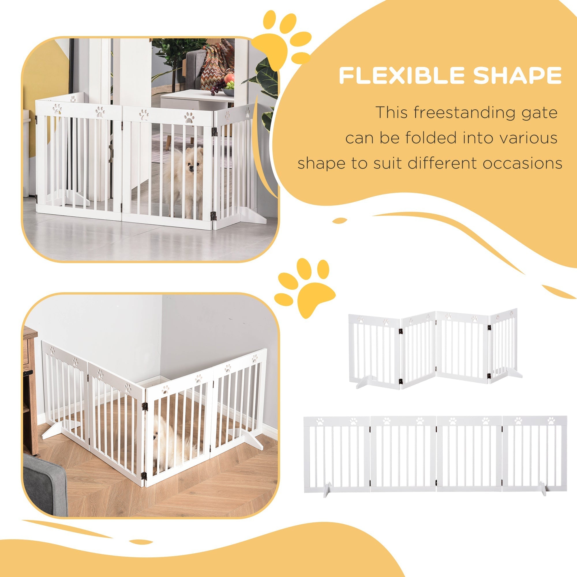 White flexible pet gate made of pine wood with paw print decorations and foldable design for doorways and stairs