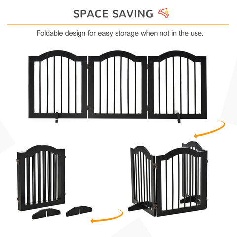 Black wooden dog gate with arched top foldable design sturdy hinges and support feet for doorways and stairs safety barrier