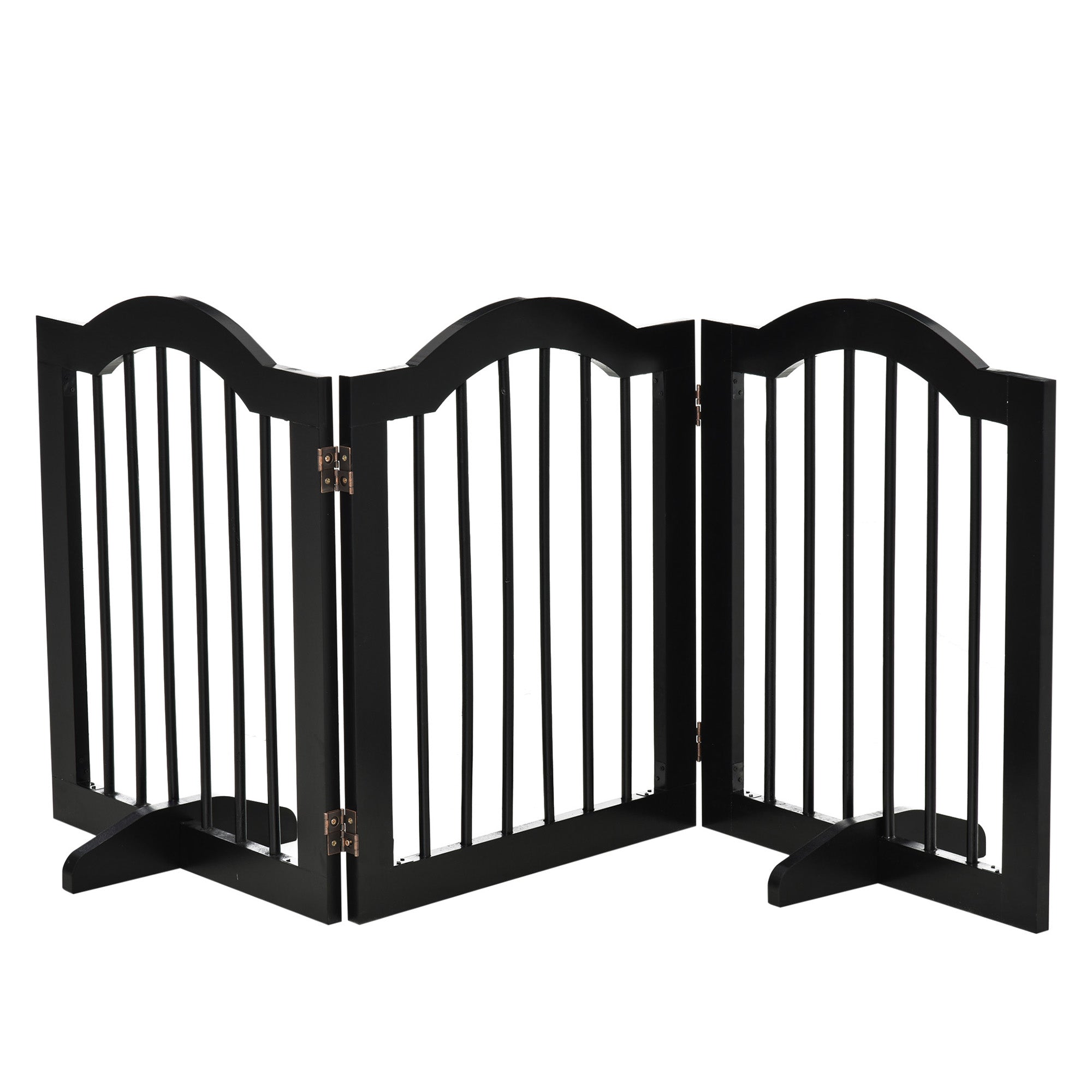 Black wooden dog gate with three panels arched top sturdy hinges and support feet for doorway safety barrier