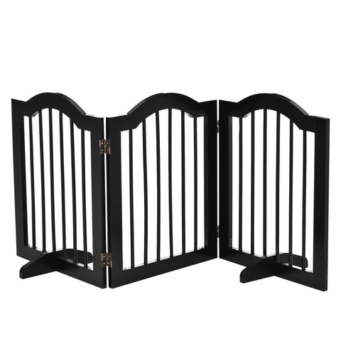 Black wooden dog gate with three panels arched top sturdy hinges and support feet for doorway safety barrier