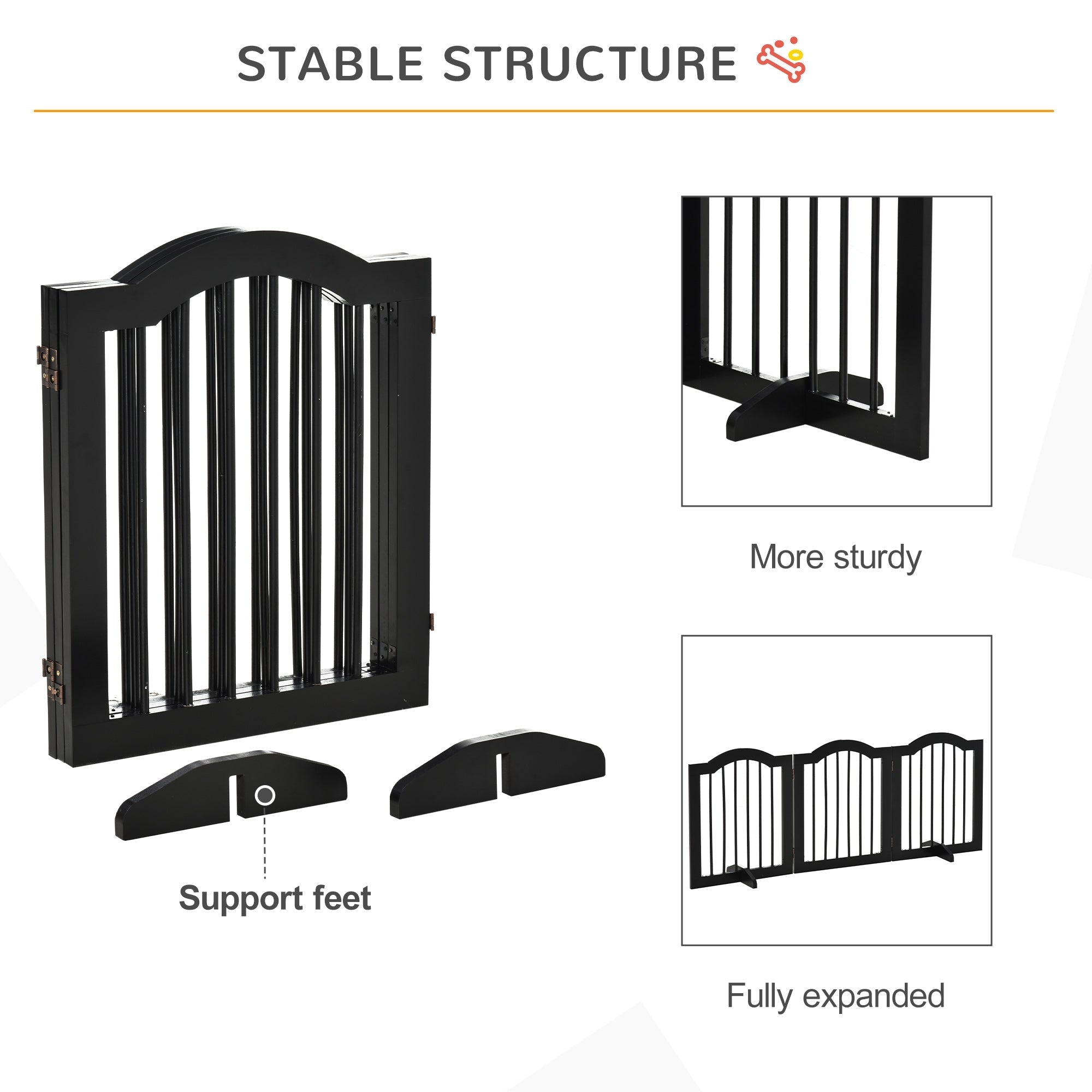 Black wooden dog gate with arched top sturdy hinges and support feet freestanding foldable pet safety barrier