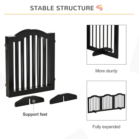 Black wooden dog gate with arched top sturdy hinges and support feet freestanding foldable pet safety barrier