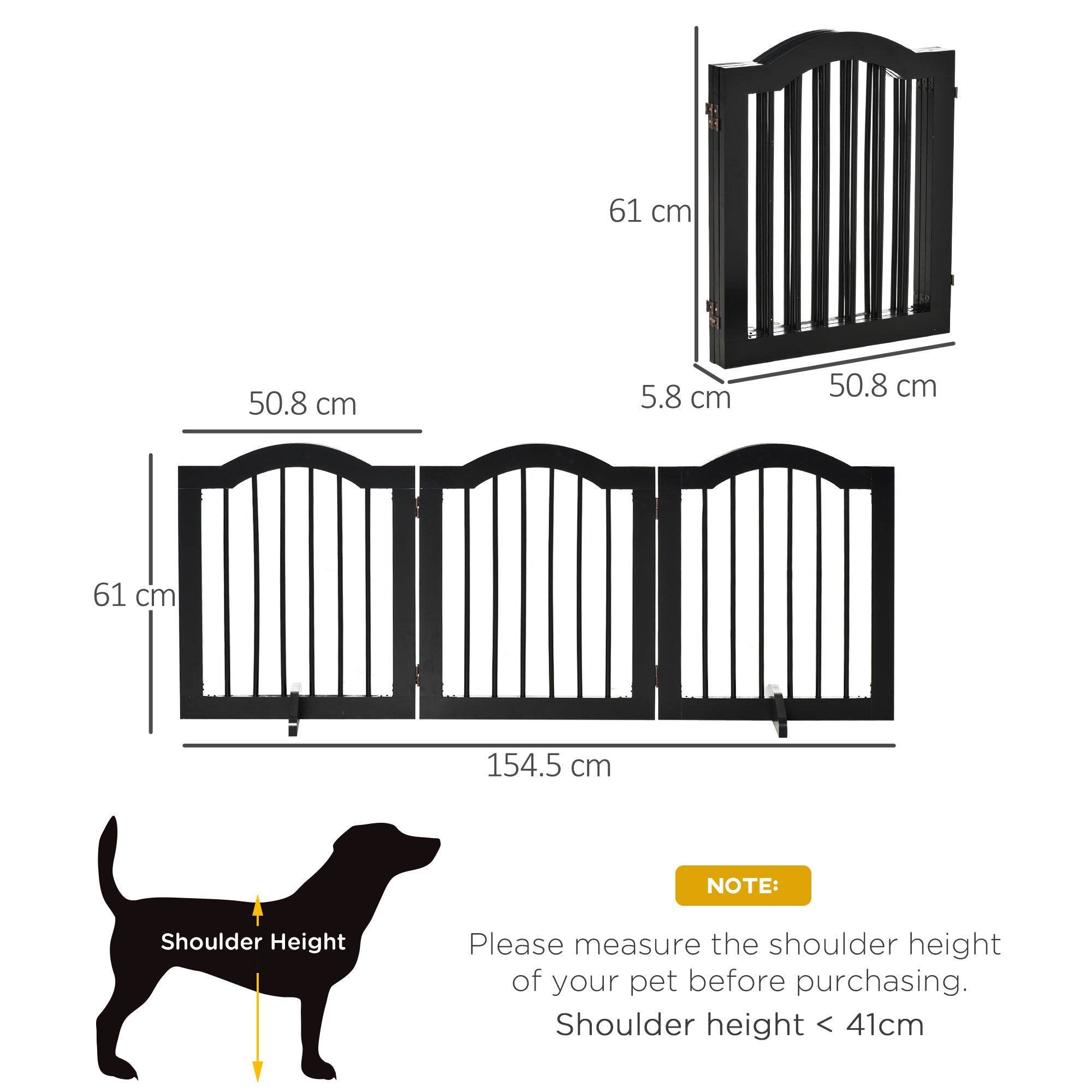 Black wooden dog gate with support feet and sturdy hinges three-panel foldable pet fence for doorways and stairs