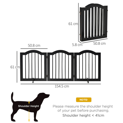 Black wooden dog gate with support feet and sturdy hinges three-panel foldable pet fence for doorways and stairs
