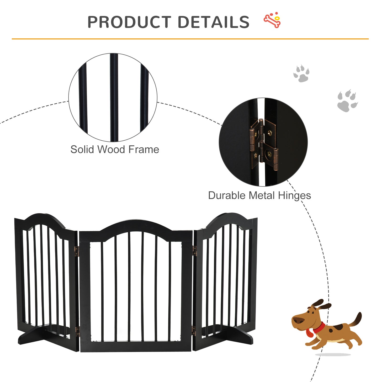 Black three-panel wooden dog gate with sturdy hinges and support feet for safety in doorways and stairs