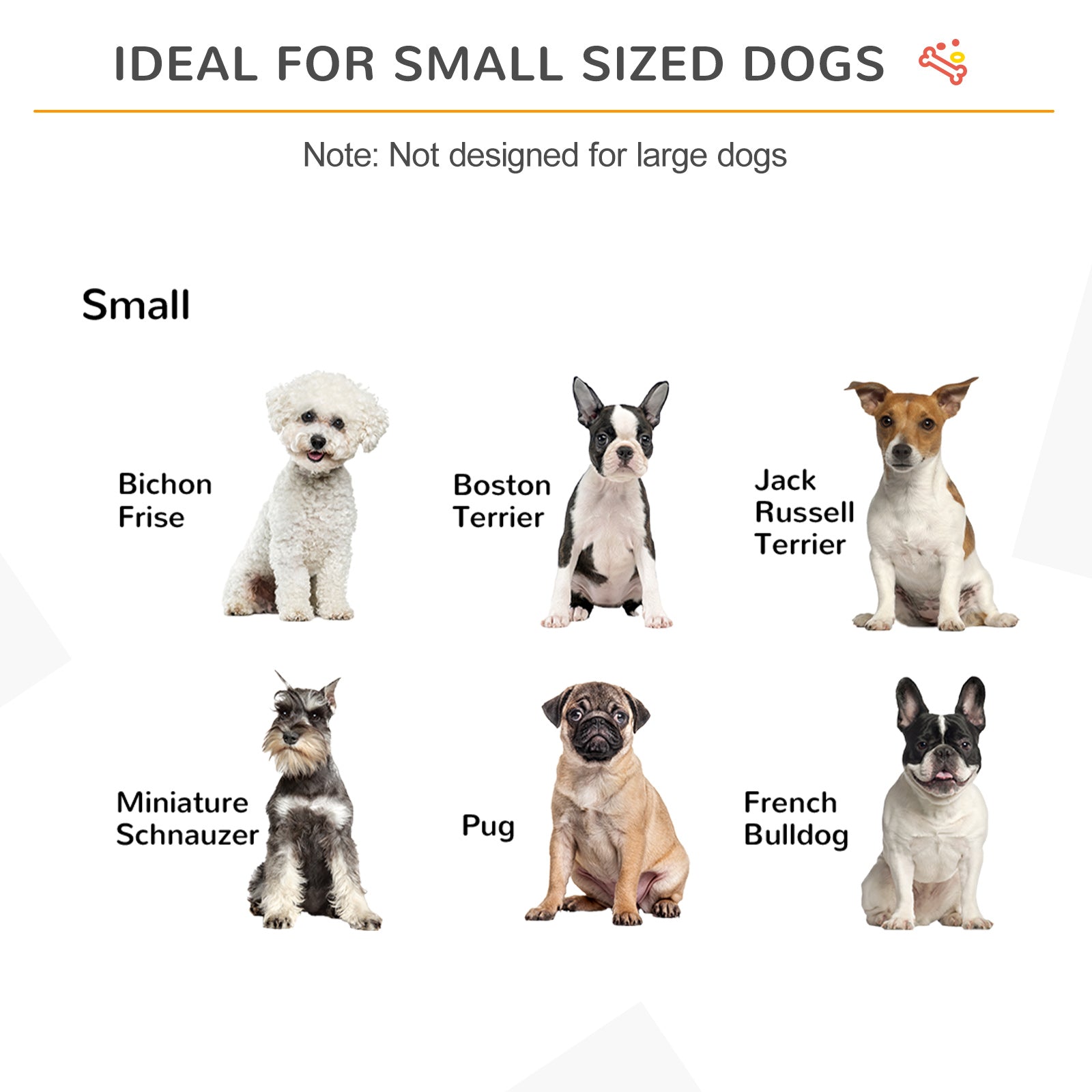 Image of a black wooden dog gate with sturdy hinges and support feet holding six small dog breeds safely indoors