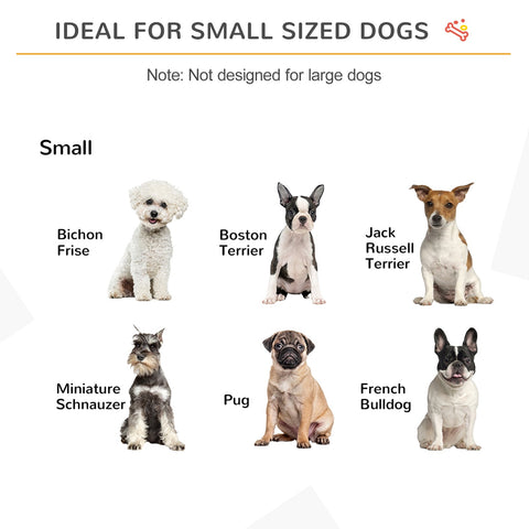 Image of a black wooden dog gate with sturdy hinges and support feet holding six small dog breeds safely indoors