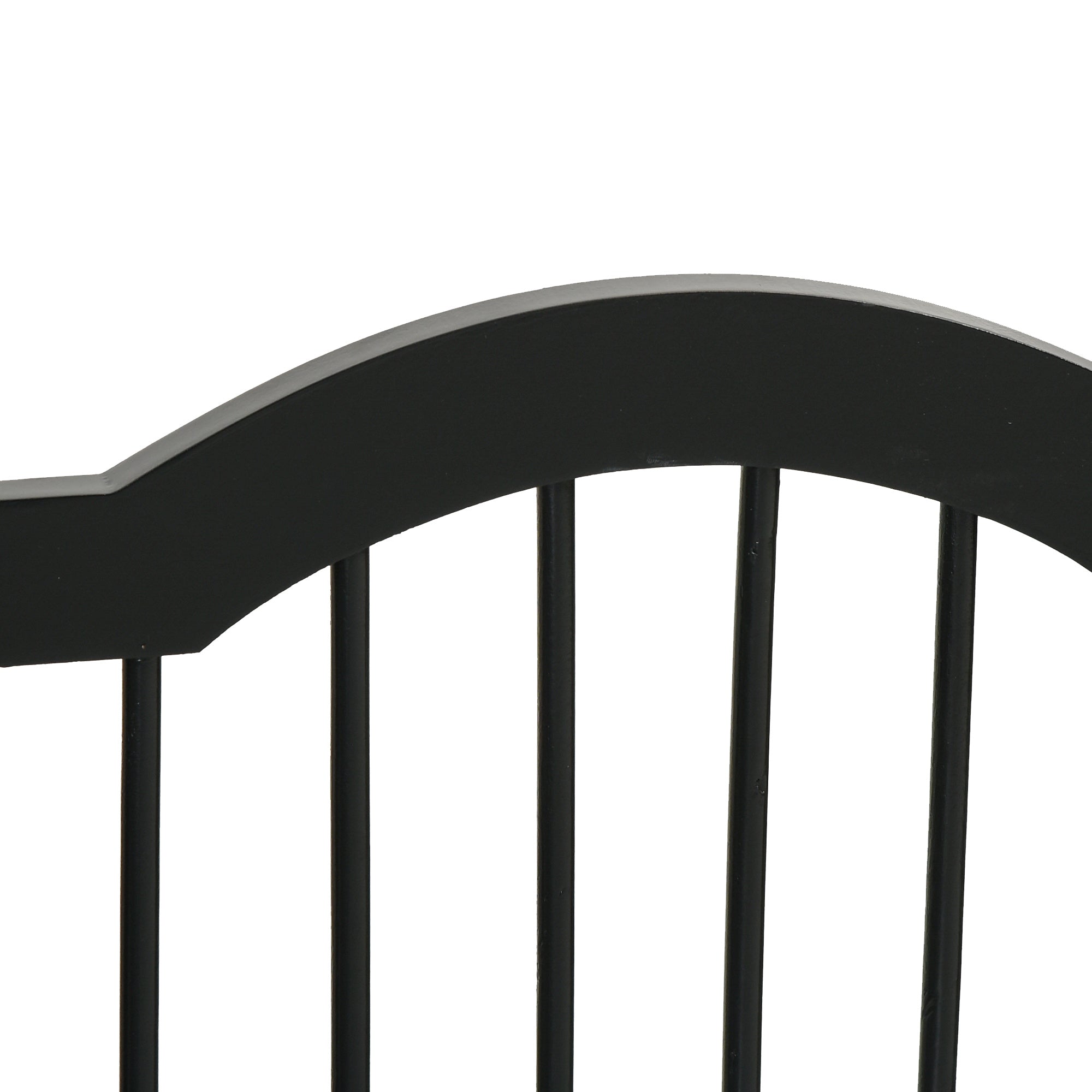 Black wooden dog gate with arched headboard vertical slats sturdy hinges and support feet for indoor safety barrier