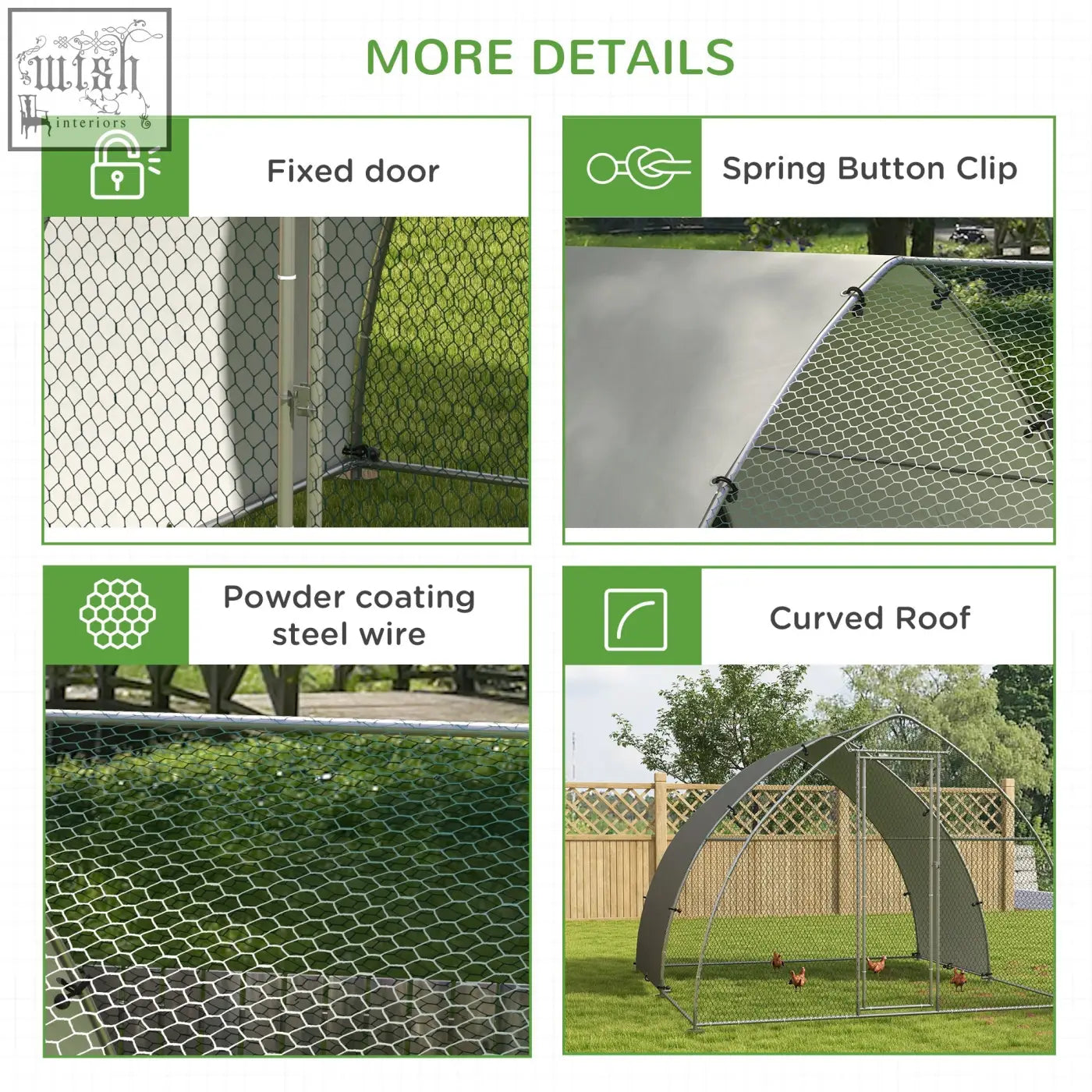 Gray curved roof chicken coop with galvanised steel wire frame and silver tone powder-coated cover for 8-12 chickens