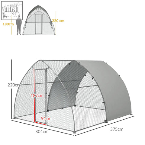 Gray arched pet run with mesh sides and solid roof panel in silver tone galvanised steel chicken coop by pawhut