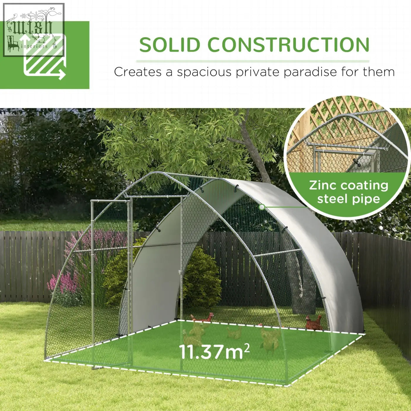 A gray arched chicken coop with galvanised steel frame and mesh sides in silver tone for 8-12 chickens and rabbits